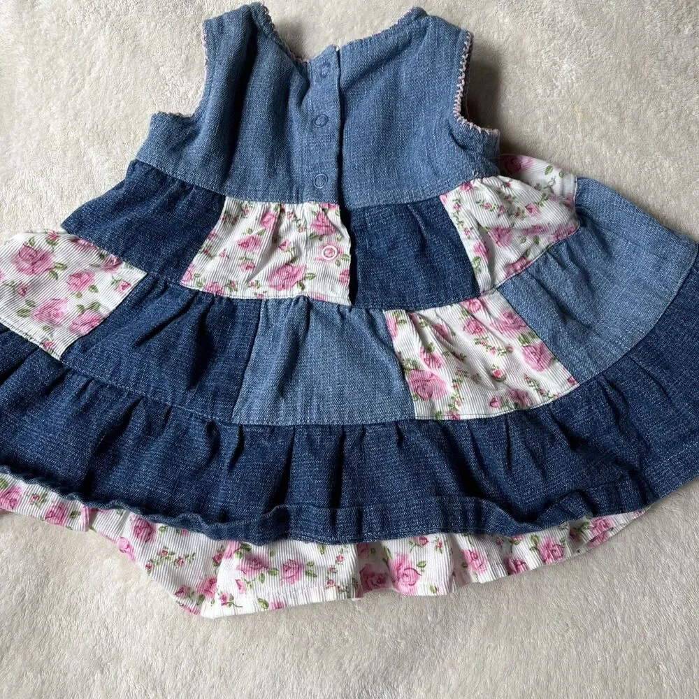 Lot of 2 Baby Girl Size 3-6 Months Sleeveless Jumper Dresses Lined Denim Floral